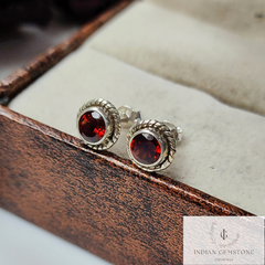 Round Natural Red Garnet Stud Earring, 925 Sterling Silver Earring, January Birthstone Stud Earrings, Post Earring, Bridesmaid gift, Gift