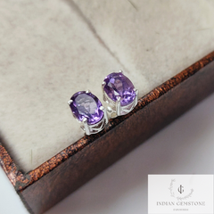 Natural Purple Amethyst Stud Earring, Handmade Prong Set Earring, 925 Sterling Silver Jewelry, February Birthstone Earring, Bridesmaid Gift
