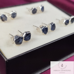 Raw Sapphire Gemstone Stud Earrings, Silver Plated Stud Earrings, Birthstone Stud Earrings, Healing Crystal Earrings Jewelry, Gift for Her