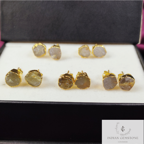 Raw Golden Rutile Gemstone Stud Earrings, Gold Plated Earrings, Electroplated Studs, Rough Healing Crystal Earrings, Dainty Boho Jewelry