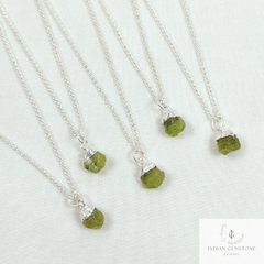 Dainty Natural Raw Peridot Gemstone Pendant, Silver Plated Charms Pendants Necklace, Boho Minimalist Jewelry, Hippie Raw Crystal Necklace