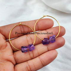 Raw Amethyst Earring, Loop Earring, Gold Plated Earring, Gemstone Earring, Birthstone Earring
