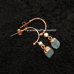 Rough Natural Aquamarine Earrings, Copper Electroplated Earrings, March Birthstone Earrings, Sold By One Pair