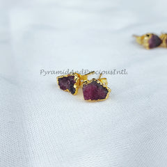 Raw Pink Tourmaline Gemstone Electroplated Stud Earrings, October Birthstone Stud, Sold By Pair