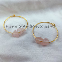 Natural Rose Quartz Earrings, Pink Rough Gemstone Jewelry, 14K Gold Plated Earrings, Sold By Pair