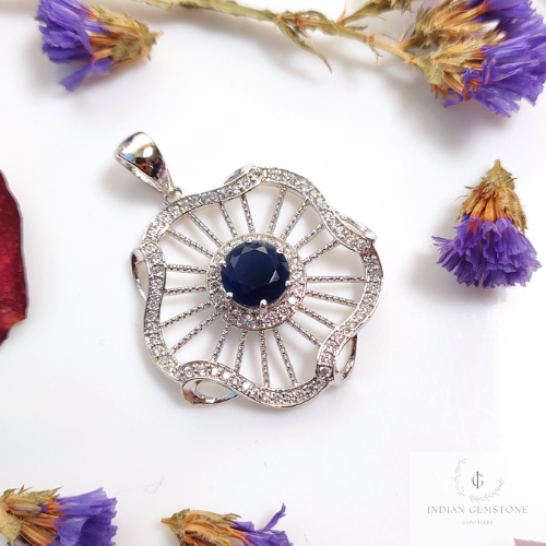 Blue Sapphire Pendant,925Sterling Silver Pendant, Gemstone Pendant, Handcrafted Pendant, Artisan Jewelry, Boho Statement Pendant, CZ Pendant