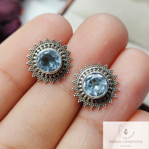 Round Swiss Blue Topaz Stud Earring, 925 Sterling Silver Jewelry, Handmade Earring, Dainty Wedding Topaz Stud Earring, Birthday Gift, Gift