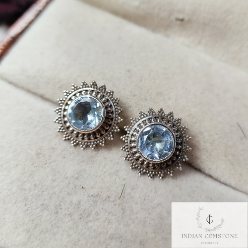 Round Swiss Blue Topaz Stud Earring, 925 Sterling Silver Jewelry, Handmade Earring, Dainty Wedding Topaz Stud Earring, Birthday Gift, Gift
