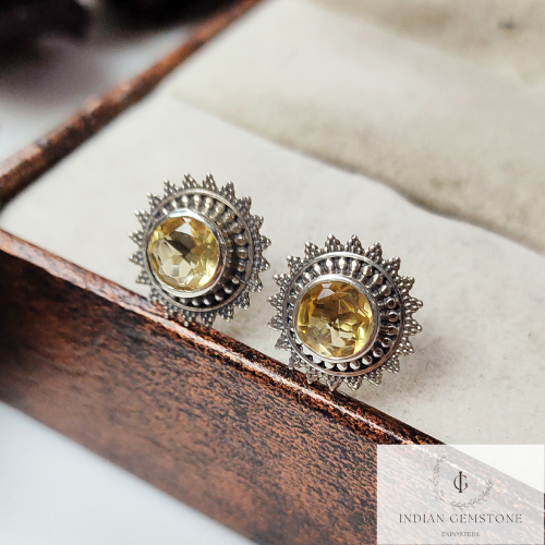 Natural Citrine Stud Earring, Handmade Jewelry, 925 sterling Silver Earring, Vintage Look Citrine Jewelry, Anniversary Gift, Gift For Her
