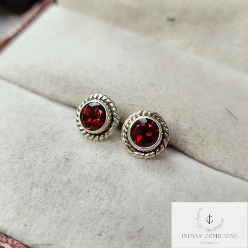 Round Natural Red Garnet Stud Earring, 925 Sterling Silver Earring, January Birthstone Stud Earrings, Post Earring, Bridesmaid gift, Gift