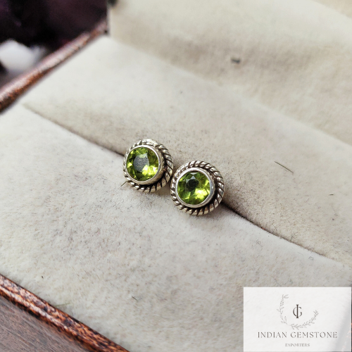 Natural Green Peridot Stud Earring, Vintage Look Wedding Earring, August Birthstone Jewelry, 925 Sterling Silver Stud, Gift For Girlfriend