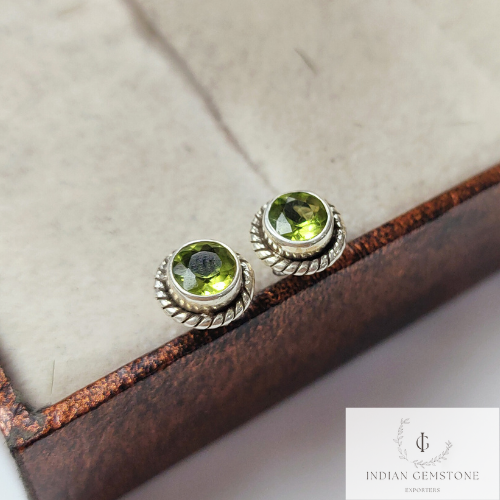 Natural Green Peridot Stud Earring, Vintage Look Wedding Earring, August Birthstone Jewelry, 925 Sterling Silver Stud, Gift For Girlfriend