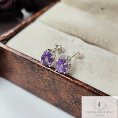 Natural Purple Amethyst Stud Earring, Handmade Prong Set Earring, 925 Sterling Silver Jewelry, February Birthstone Earring, Bridesmaid Gift