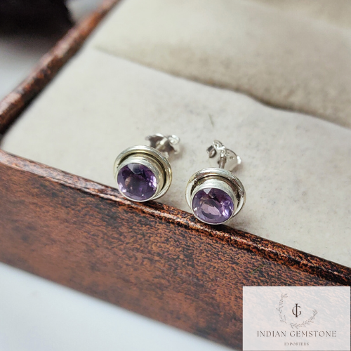 Natural Amethyst Stud Earring, 925 Sterling Silver Earring, Handmade Jewelry, Purple Amethyst Crystal Stud Earrings, Bridesmaid Gift, Gift