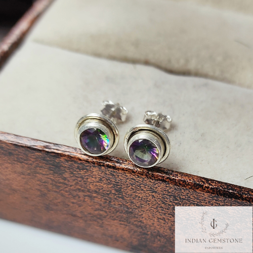 Dainty Round Mystic Topaz Stud Earring, Handmade Earring, 925 sterling silver jewelry, Topaz Gemstone Bridal Earring, Gift For Wife, Gift