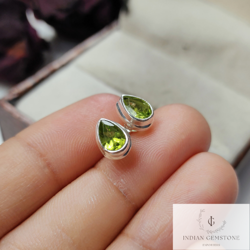 Green Peridot Stud Earring, 925 Sterling Silver Earring, Handmade Stud, Natural Gemstone, Bridesmaid Jewelry, Boho Earring, Gift For Wife