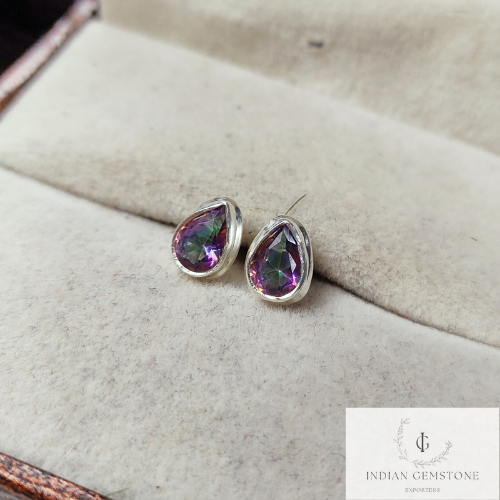 Mystic Topaz Stud Earring, 925 Sterling Silver Earring, Gemstone Earring, Rainbow Stud Earring, Topaz Jewelry, Anniversary Gift, Gift Idea