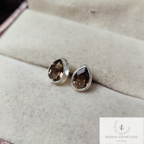 Natural Smoky Quartz Stud Earring, 925 Sterling Silver Earring, Boho Earring, Quartz Jewelry, Handmade Stud Earring, Woman Jewelry, Gift