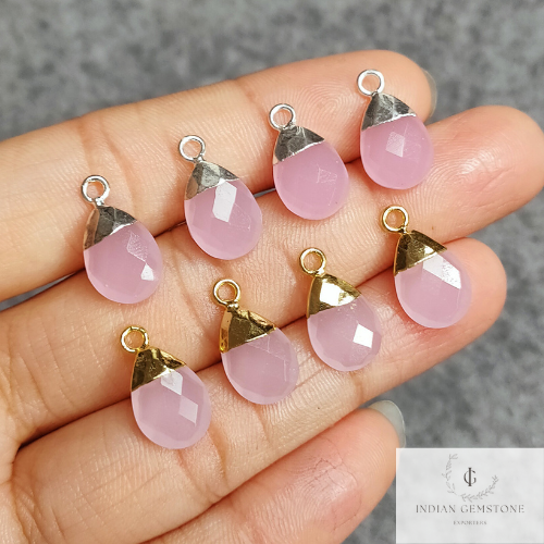 50% Off Pink Chalcedony Faceted Charm Connector, Electroplated Connector, Jewelry Making Connector, Gift For Her, Pear Shape Pendant Charms