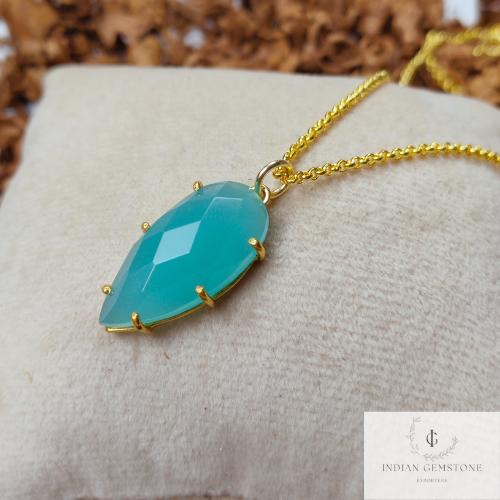 Aqua Chalcedony Necklace, Gold Plated Necklace, Handmade Prong Pendant Charms, Beautiful Gemstone Pendant Jewelry, Dainty Birthstone Jewelry