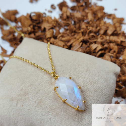 Rainbow Moonstone Gold Plated Prong Set Pendant Necklace- June Birthstone Jewelry