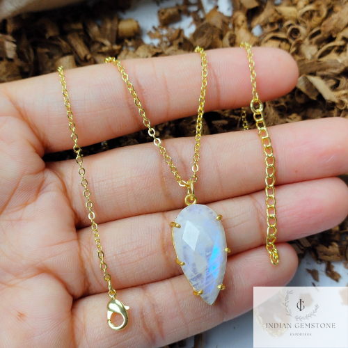 Rainbow Moonstone Gold Plated Prong Set Pendant Necklace- June Birthstone Jewelry