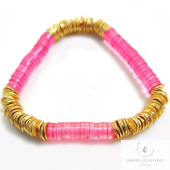 Hot Pink Bead Bracelet, Bead Stack Bracelet, Layered Stack, Stackable Bracelet, Womens Bracelet, Pink and Gold Bracelet, Friendship Day Gift