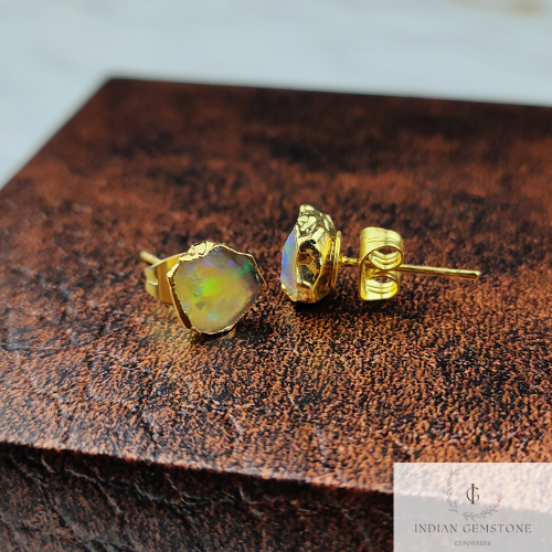 Rough opal stud earrings, raw opal studs, october birthstone, colorful ethiopian opal post earrings, small birthstone stud,boho jewelry gift