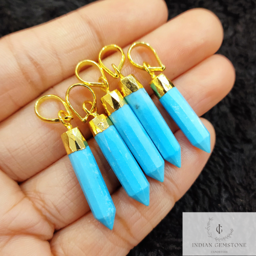 Elegant Blue Turquoise Pencil Pendant, Single Point Pencil Shape Pendant, Gold Electroplated Pendant, Dainty Women Pendant, Gift For Her
