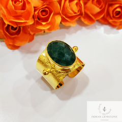 Emerald Ring, Gold Plated Emerald Ring, Wide Band Ring, Adjustable Ring, Women Ring, Statement Ring, Gift For Her, Unisex Ring, Boho Ring