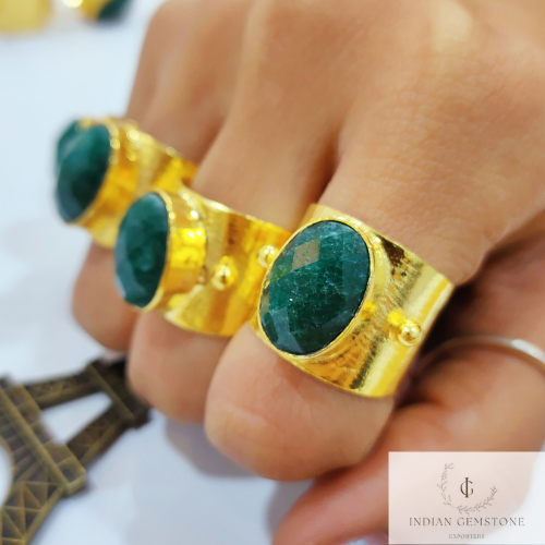 Emerald Ring, Gold Plated Emerald Ring, Wide Band Ring, Adjustable Ring, Women Ring, Statement Ring, Gift For Her, Unisex Ring, Boho Ring