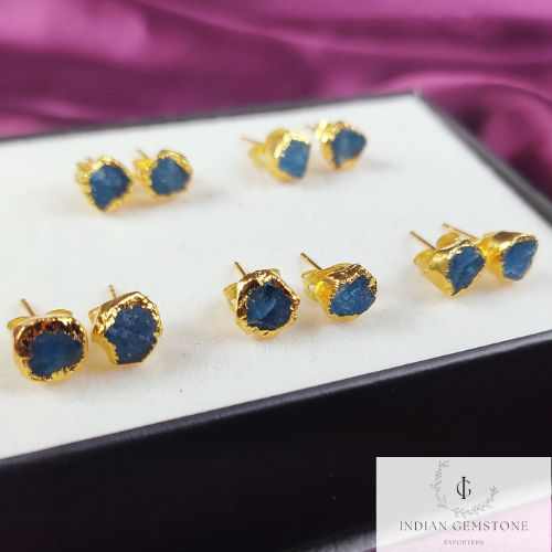 Raw Neon Apatite Earrings, Gold Plated Studs, Electroplated Raw Crystal Earrings, Rough Gemstone Earrings, Stud Earrings, Raw Stud Earrings