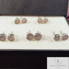 Genuine Raw Rose Quartz Earrings, Silver Plated Stud Earrings, Rose Quartz Jewelry, Crystal Of Love, Raw Crystal Stud, Gemstone Stud Earring