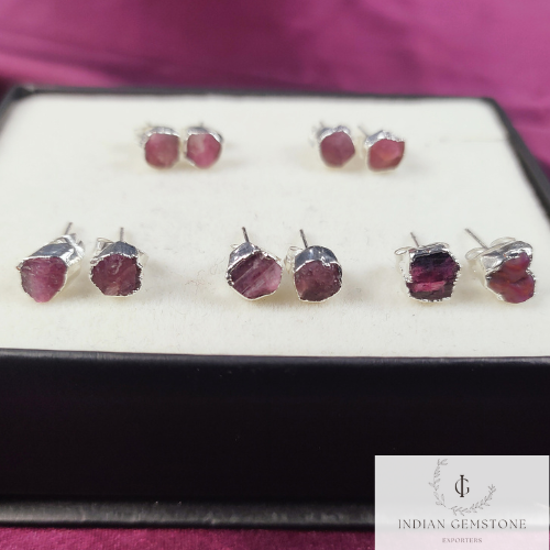 Raw Tourmaline Gemstone Earrings, Pink Tourmaline Jewelry, Silver Plated Studs, October Birthstone, Gift For Her, Rough Crystal Earrings