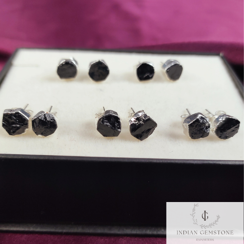 Rough Black Tourmaline Protection Earrings, Silver Plated Stud Earrings, Gemstone Studs,Minimalist Everyday Jewelry, Spiritual Jewelry, Gift