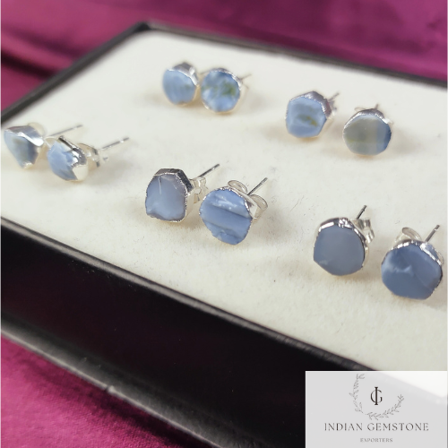 Rough Blue Opal Stud Earrings, Silver Plated Studs, Opal Gemstone Stud Earrings, Raw Blue Opal Earrings, Crystal Earrings, Fashion Jewelry