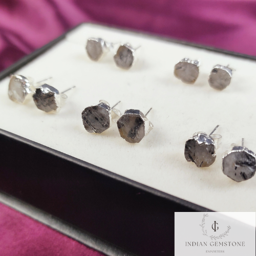 Raw Black Rutile Gemstone Stud Earrings, Crystal Stud Earrings, Silver Plated Earrings, Electroplated Studs, Boho Earrings, Fashion Jewelry