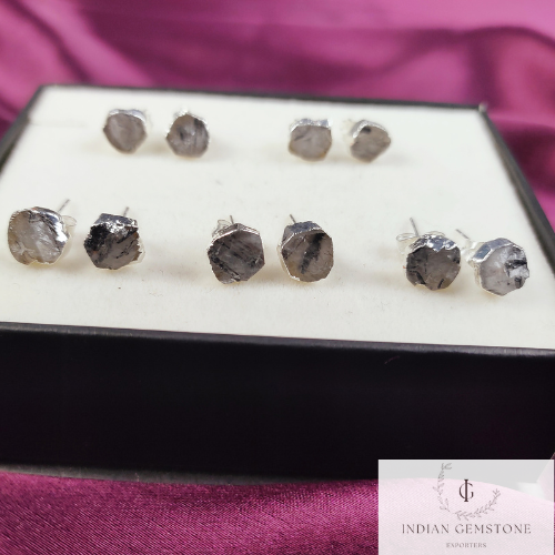 Raw Black Rutile Gemstone Stud Earrings, Crystal Stud Earrings, Silver Plated Earrings, Electroplated Studs, Boho Earrings, Fashion Jewelry