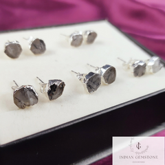 Raw Black Rutile Gemstone Stud Earrings, Crystal Stud Earrings, Silver Plated Earrings, Electroplated Studs, Boho Earrings, Fashion Jewelry