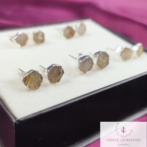 Raw Golden Rutile Gemstone Stud Earrings, Silver Plated Studs, Electroplated Stud Earrings, Rough Healing Crystal Earrings, Fashion Earrings