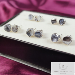 Raw Dendrite Opal Stud Earrings, Electroplated Studs Earrings, Gemstone Studs, Silver Plated Earring, Opal Stud Earrings, Fashion Earrings