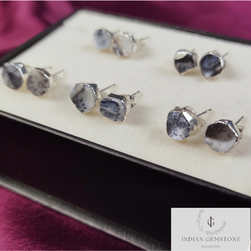 Raw Dendrite Opal Stud Earrings, Electroplated Studs Earrings, Gemstone Studs, Silver Plated Earring, Opal Stud Earrings, Fashion Earrings
