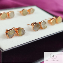 Raw Golden Rutile Gemstone Stud Earrings, Rose Gold Plated Earrings, Electroplated Studs, Rough Healing Crystal Earrings, Fashion Earrings