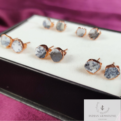 Raw Dendrite Opal Stud Earrings, Rose Gold Plated Earring, Electroplated Earrings, Gemstone Studs, Rough Opal Stud Earrings, Fashion Earring