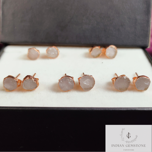 Raw Rose Quartz Earrings, Rose Gold Plated Earrings, Birthstone Earrings, Rose Quartz Stud Earrings, Raw Crystal Stud, Raw Gemstone Studs