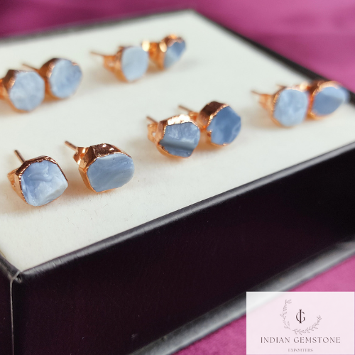 Rough Blue Opal Stud Earrings, Rose Gold Plated Earring, Opal Gemstone Stud Earrings, Raw Blue Opal Earrings, Boho Jewelry,