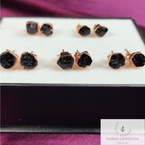 Rough Black Tourmaline Protection Earrings, Rose Gold Plated Stud Earrings, Gemstone Studs, Everyday Jewelry, Spiritual Jewelry, Dainty Gift