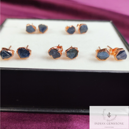 Raw Sapphire Gemstone Stud Earrings, Rose Gold Plated Stud Earrings, Birthstone Stud Earring, Boho Jewelry, Healing Crystal Earrings Jewelry