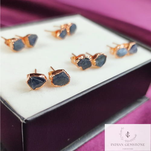 Raw Sapphire Gemstone Stud Earrings, Rose Gold Plated Stud Earrings, Birthstone Stud Earring, Boho Jewelry, Healing Crystal Earrings Jewelry