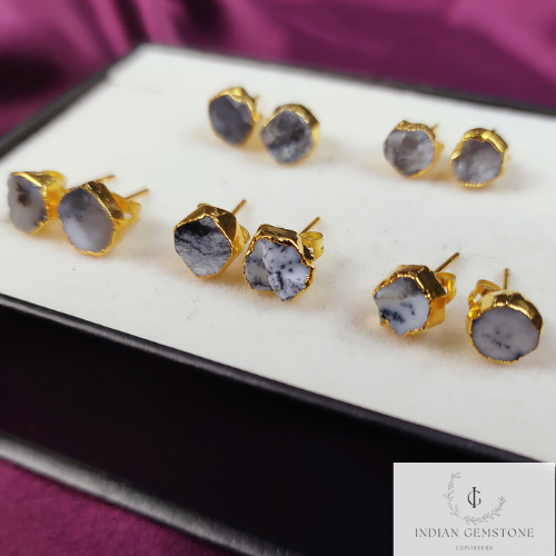 Raw Dendrite Opal Stud Earrings, Gemstone Studs, Gold Plated Earring, Electroplated Studs Earrings, Crystal Stud Earrings, Fashion Earrings